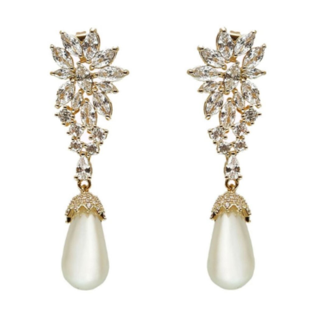 18k Gold Rhinestone Earrings Statement Pearl Dangle Drop Earrings Bridal Jewelry